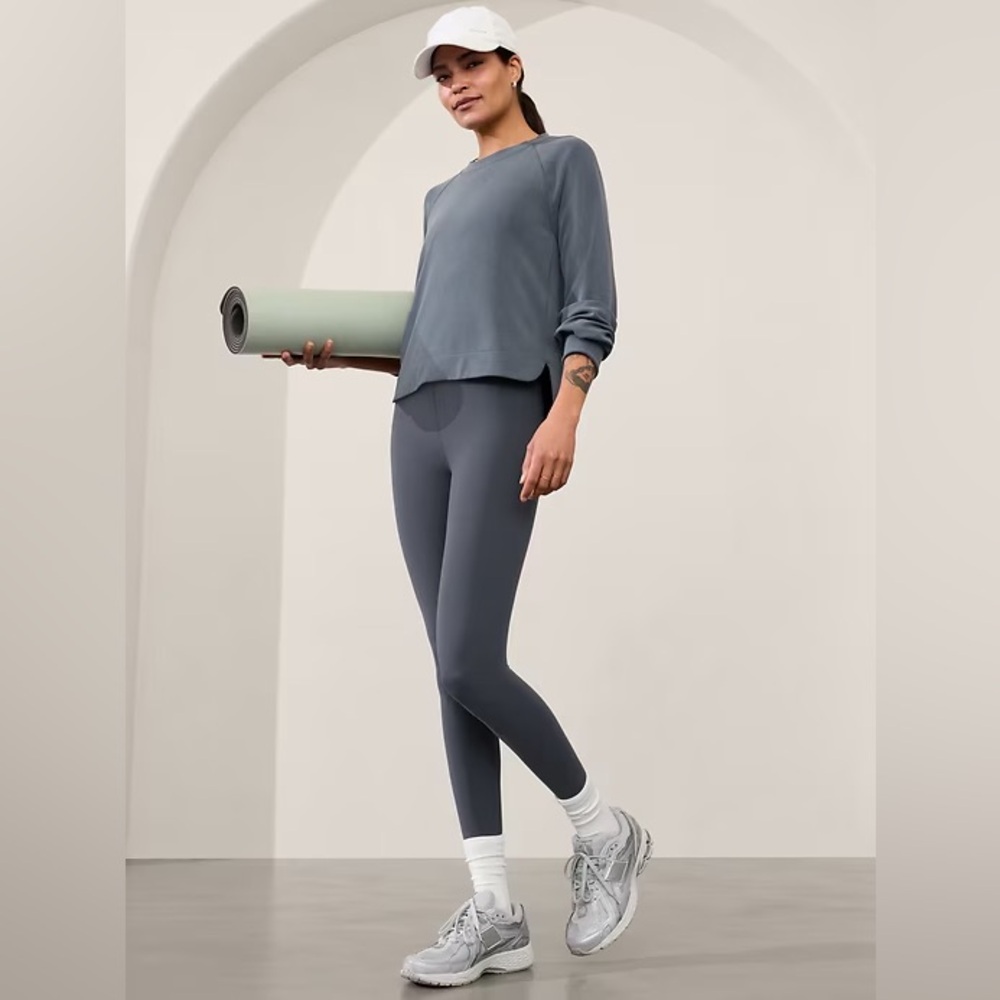 Athleta Seasoft Crew Pullover Sweatshirt High Low Hem L Slate Gray Blue